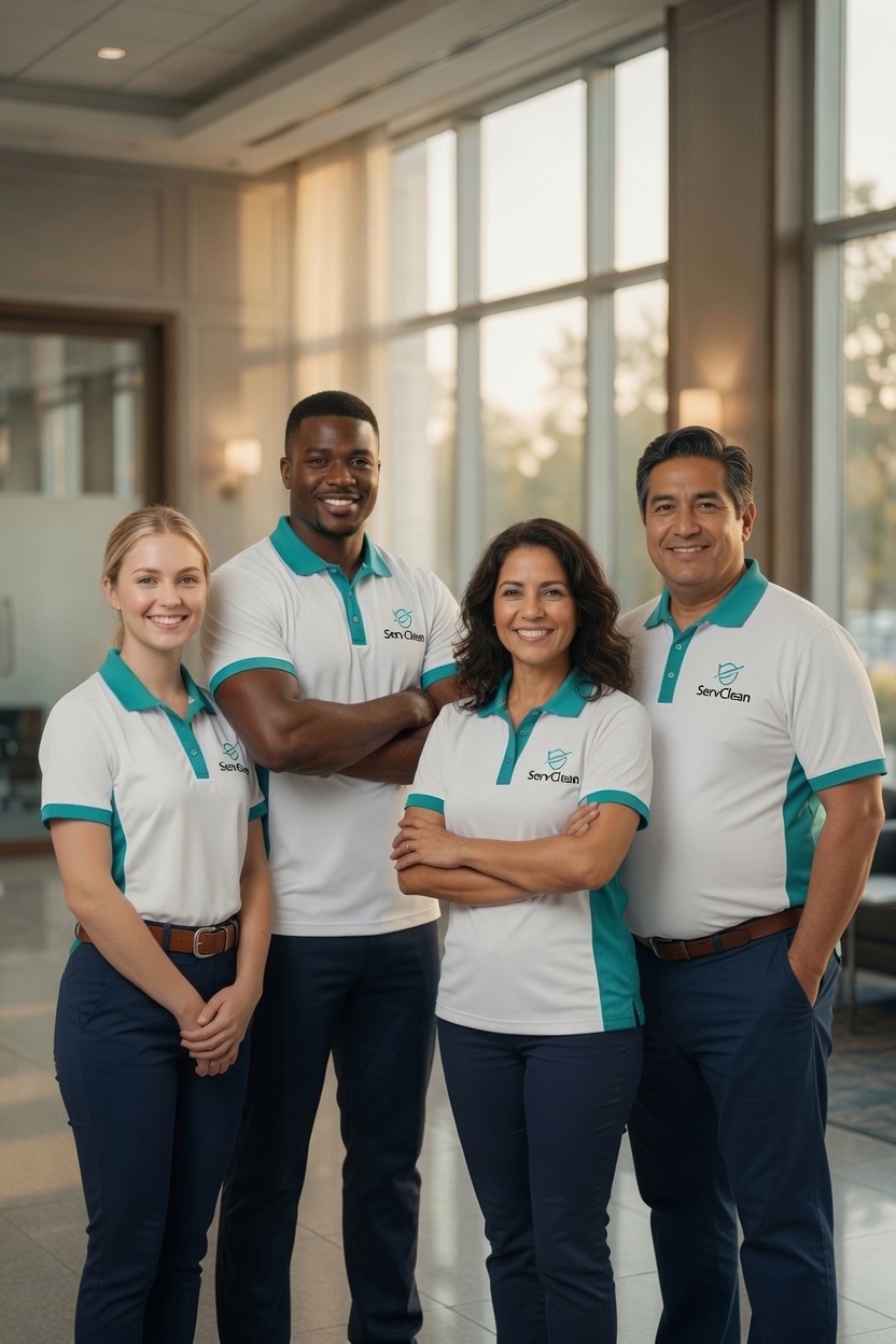 ServeClean team members in uniform posing together at a client facility